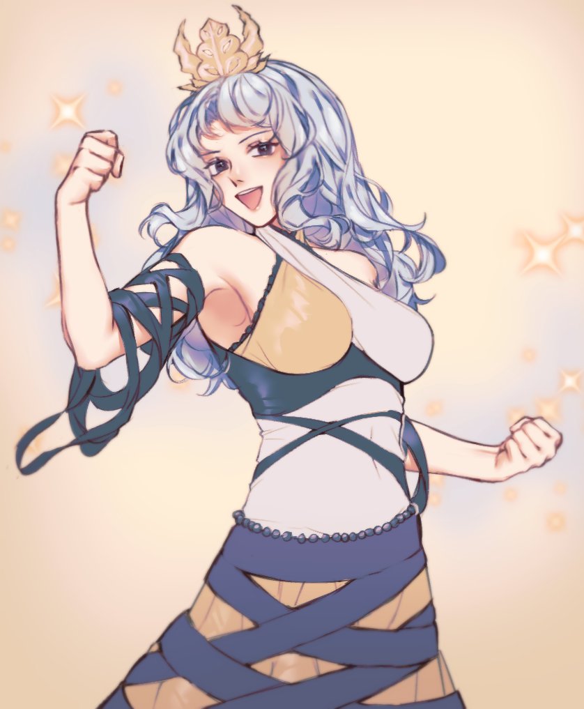 1girl blue_hair breasts chirizuka_ubame clenched_hand crown fossilized_wonders long_hair looking_at_viewer open_mouth orz_(kagewaka) purple_eyes smile solo tagme touhou