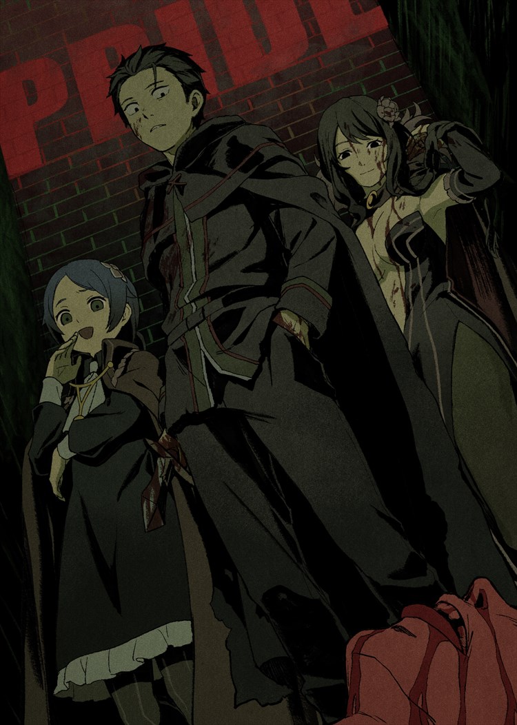 1boy 2girls alternate_universe ascot black_cloak black_dress black_hair black_jacket black_pants blood blood_on_face blue_hair breasts brick_wall cloak commentary_request dress duplicate elsa_granhilte flower frills frown hair_flower hair_ornament hand_in_pocket hand_up iwamushi jacket looking_down meili_portroute multiple_girls natsuki_subaru pants pantyhose parted_lips re:zero_kara_ayamatsu_isekai_seikatsu re:zero_kara_hajimeru_isekai_seikatsu short_hair standing striped_clothes striped_pantyhose vertical-striped_clothes vertical-striped_pantyhose white_ascot