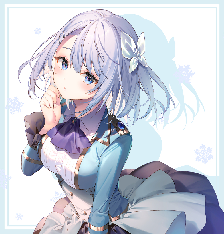 1girl ascot blue_eyes blue_hair blue_jacket blue_skirt breasts collared_shirt epaulettes hair_ornament hair_ribbon hairclip hikikomari_kyuuketsuki_no_monmon jacket large_breasts layered_skirt medium_hair purple_ascot ribbon riichu sakuna_memoire shadow shirt skirt snowflake_background striped_clothes striped_shirt vertical-striped_clothes vertical-striped_shirt white_ribbon white_shirt