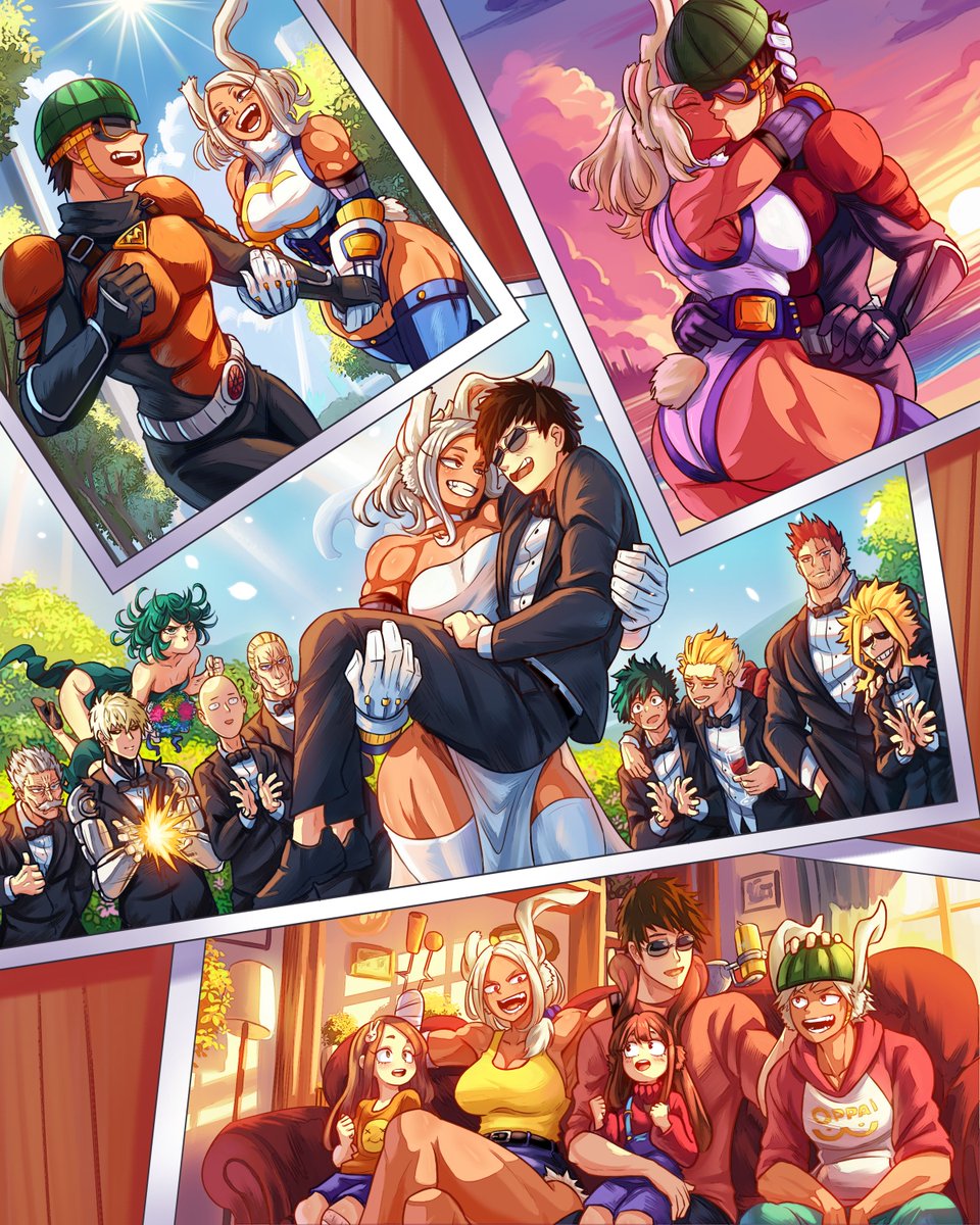 4girls 6+boys amputee animal_ear_fluff animal_ears ass asymmetrical_ears bicycle_helmet body_armor boku_no_hero_academia breasts bridal_veil bride carrying character_request collage couple crescent crossover dark-skinned_female dark_skin deltoids double_amputee dress family father_and_daughter father_and_son french_kiss genos gloves good_end grey_hair groom helmet hetero highres holding_hands husband_and_wife if_they_mated king_(one-punch_man) kiss large_breasts leotard midoriya_izuku mirko mother_and_daughter mother_and_son multiple_boys multiple_girls mumen_rider muscular muscular_female one-punch_man oppai_hoodie pelvic_curtain polaroid_photo princess_carry prosthesis prosthetic_hand purple_thighhighs rabbit_ears rabbit_girl rabbit_tail role_reversal saitama_(one-punch_man) strong sunglasses sunset tail tatsumaki thick_thighs thighhighs thighs trait_connection veil vlizz vlizzyvlizz117 wedding wedding_dress white_dress white_gloves white_leotard white_thighhighs