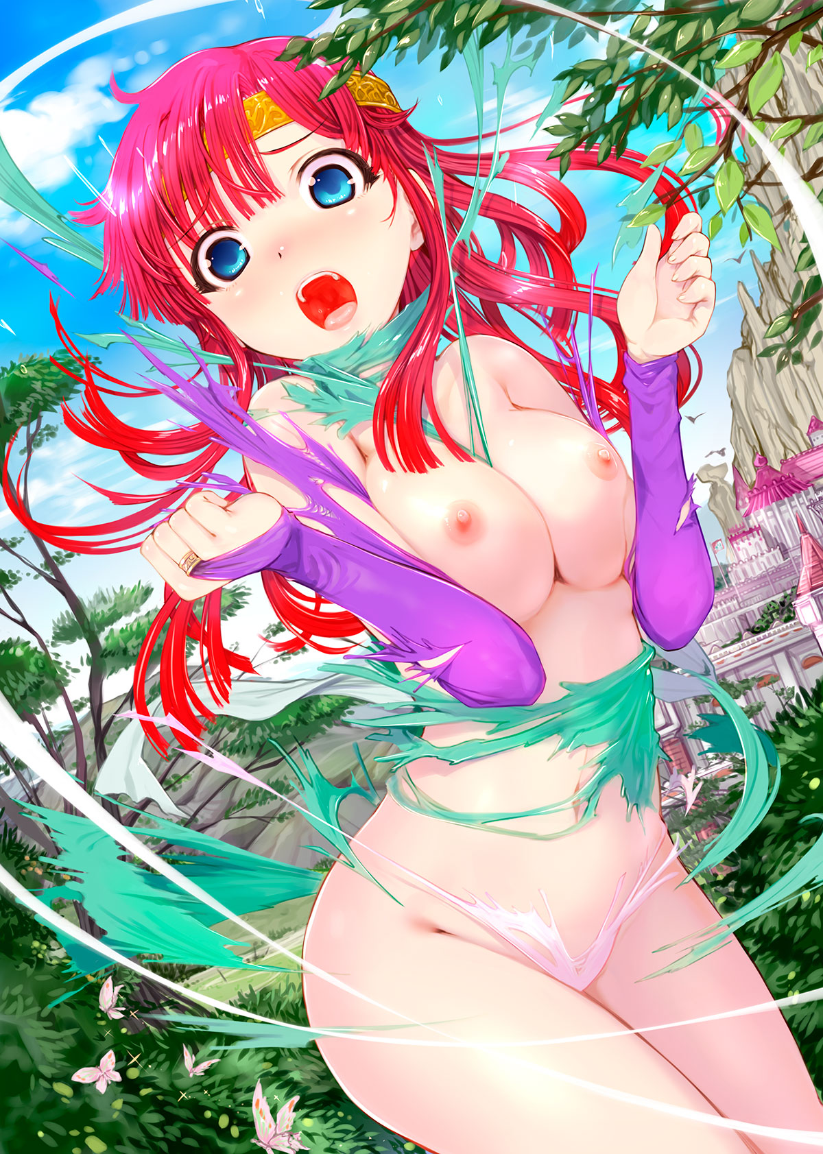1girl blue_eyes blue_sky breasts bridal_gauntlets day dragon_knight_(elf) dragon_knight_3 dutch_angle female_focus floating_hair highres long_hair long_sleeves looking_at_viewer luna_(dragon_knight) medium_breasts mikazuki_akira! nipples nude open_mouth outdoors purple_sleeves red_hair sky solo standing torn_clothes torn_sleeves