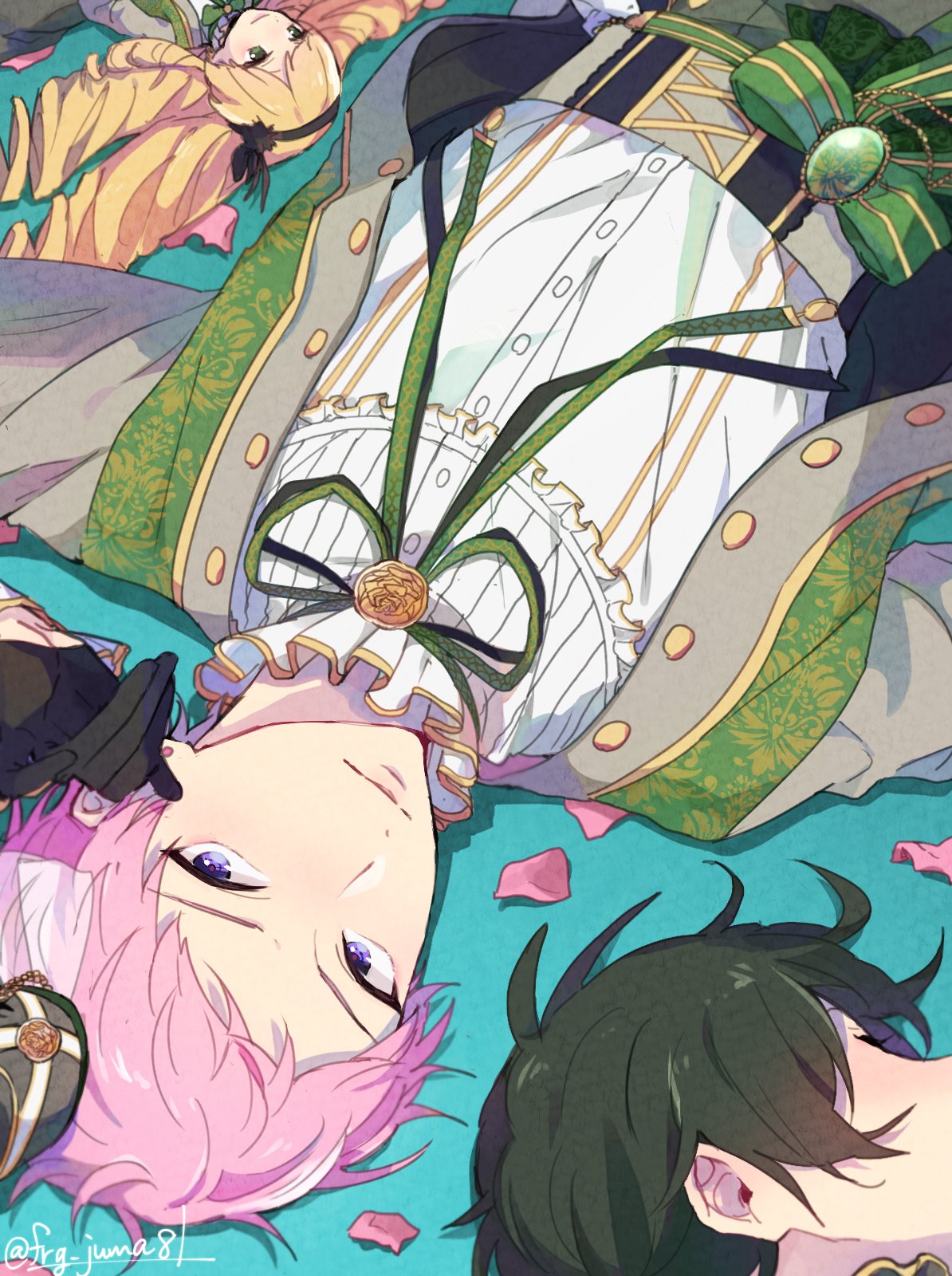2boys asymmetrical_bangs black_gloves black_hair blonde_hair buttons collar curly_hair doll ensemble_stars! frills gloves green_eyes green_ribbon hair_ornament hat highres itsuki_shu juma_(wolf81gizinka) kagehira_mika long_hair long_sleeves lying mademoiselle_(ensemble_stars!) multiple_boys neck_ribbon on_back petals pink_hair purple_eyes ribbon short_hair valkyrie_(ensemble_stars!)