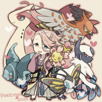 10s 1boy absol beautifly blue_eyes cherrim cherrim_(sunshine) chibi crossover gen_3_pokemon gen_4_pokemon gen_6_pokemon green_eyes heterochromia japanese_clothes lowres lumineon milotic nintendo no_pupils pink_hair poke_ball pokemon pokemon_(creature) saku_anna souza_samonji talonflame touken_ranbu