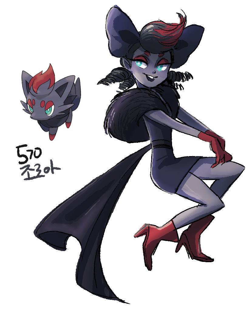 1girl black_dress black_hair blue_eyes colored_skin dress game_freak gen_5_pokemon gloves grey_skin high_heels looking_at_viewer nintendo pokemon pokemon_(creature) red_gloves simple_background smile solo tamtamdi white_background zorua