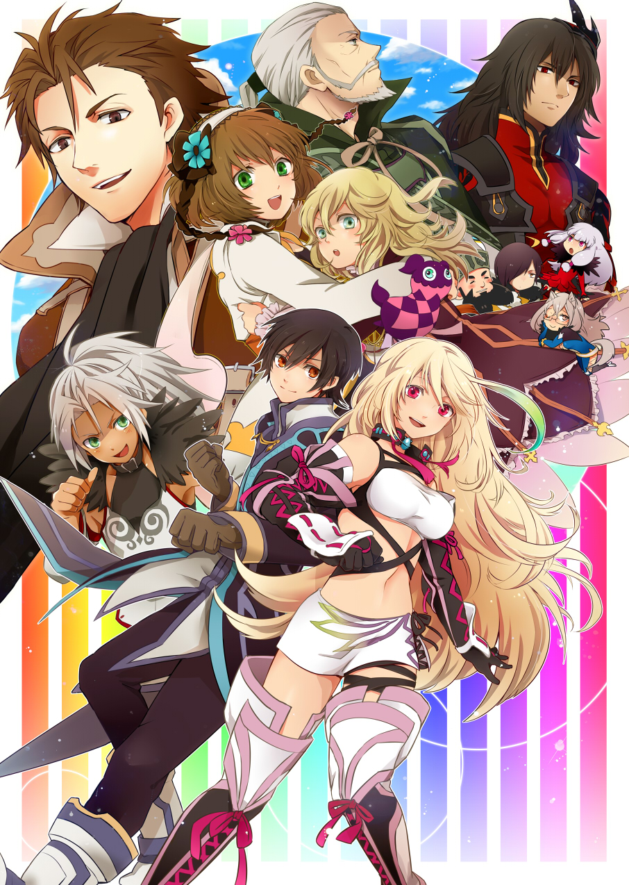 5girls 6+boys agria_(tales) alvin_(tales) bad_id bad_pixiv_id blonde_hair boots elize_lutus everyone gaius_(tales) highres isago_(ica) ivar_(tales) jiao_(tales) jude_mathis leia_rolando milla_maxwell multiple_boys multiple_girls parted_bangs presa_(tales) rainbow_background rowen_j._ilbert tabard tales_of_(series) tales_of_xillia teepo_(tales) thigh_boots thighhighs wingul_(tales)