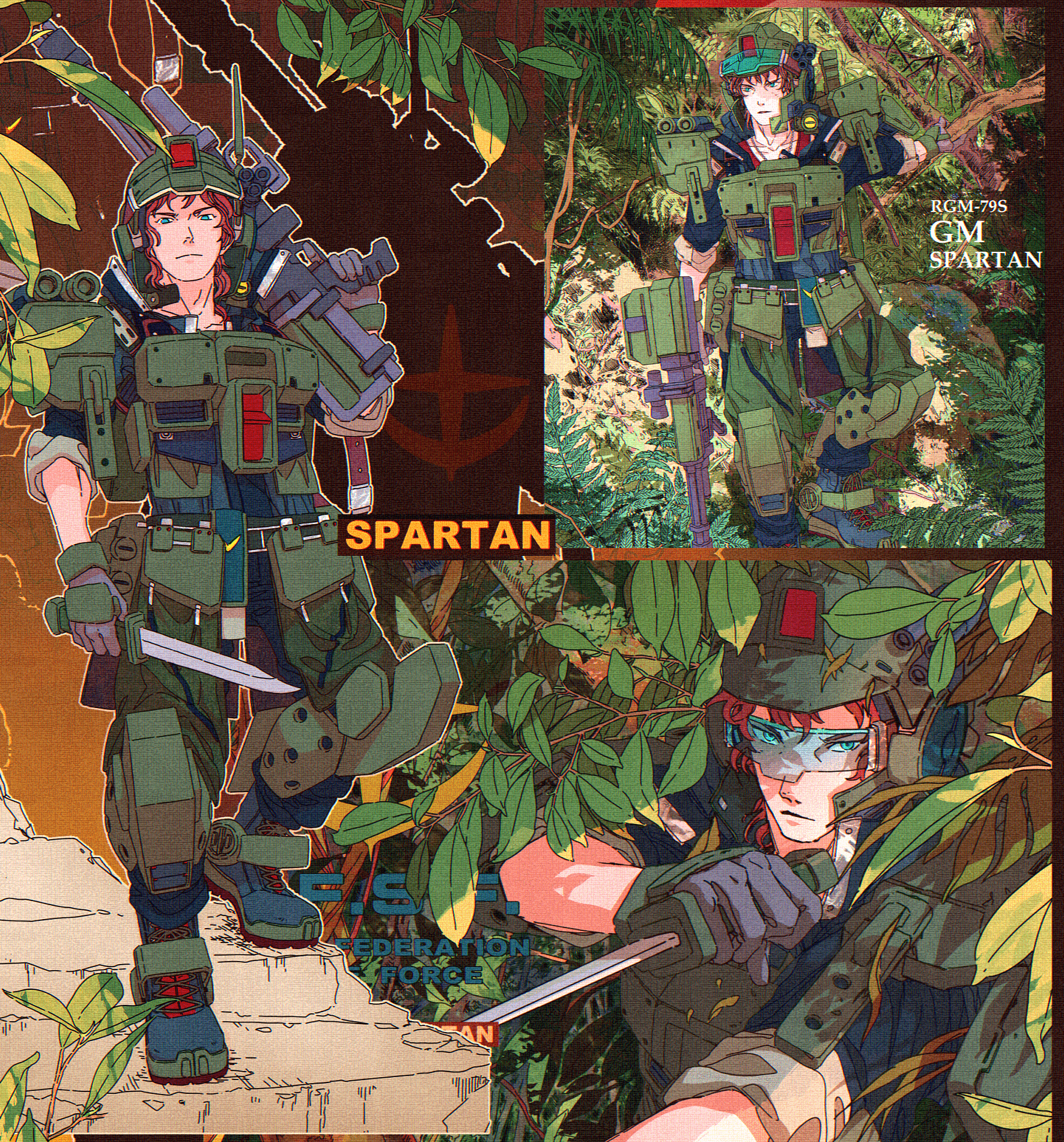 1boy 8823 armor assault_visor beam_rifle black_footwear black_gloves boots character_name closed_mouth earth_federation_space_forces energy_gun finger_on_trigger fukuchi_mobile_suit_station full_body gloves gm_spartan green_eyes green_visor gun gundam helmet highres holding holding_gun holding_knife holding_weapon humanization jungle knife lace-up_boots looking_at_viewer male_focus mecha_danshi multiple_views nature outdoors over_shoulder radio_antenna red_hair short_hair standing tree weapon weapon_over_shoulder