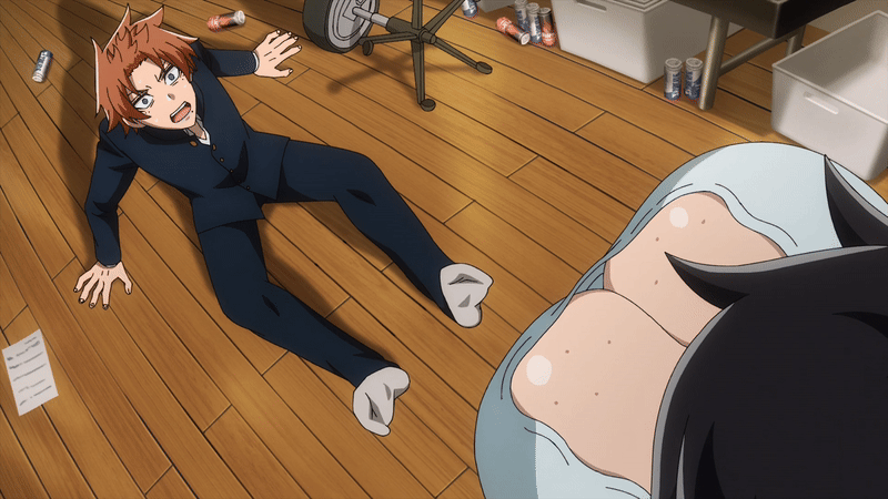 1boy 1girl 2025 20s aki_mary animated animated_gif black_hair breasts cleavage doctor downblouse freckles_on_breasts height_difference huge_breasts ichinose_shiki_(tougen_anki) no_bra orange_hair school_uniform standing tagme tall_female tougen_anki