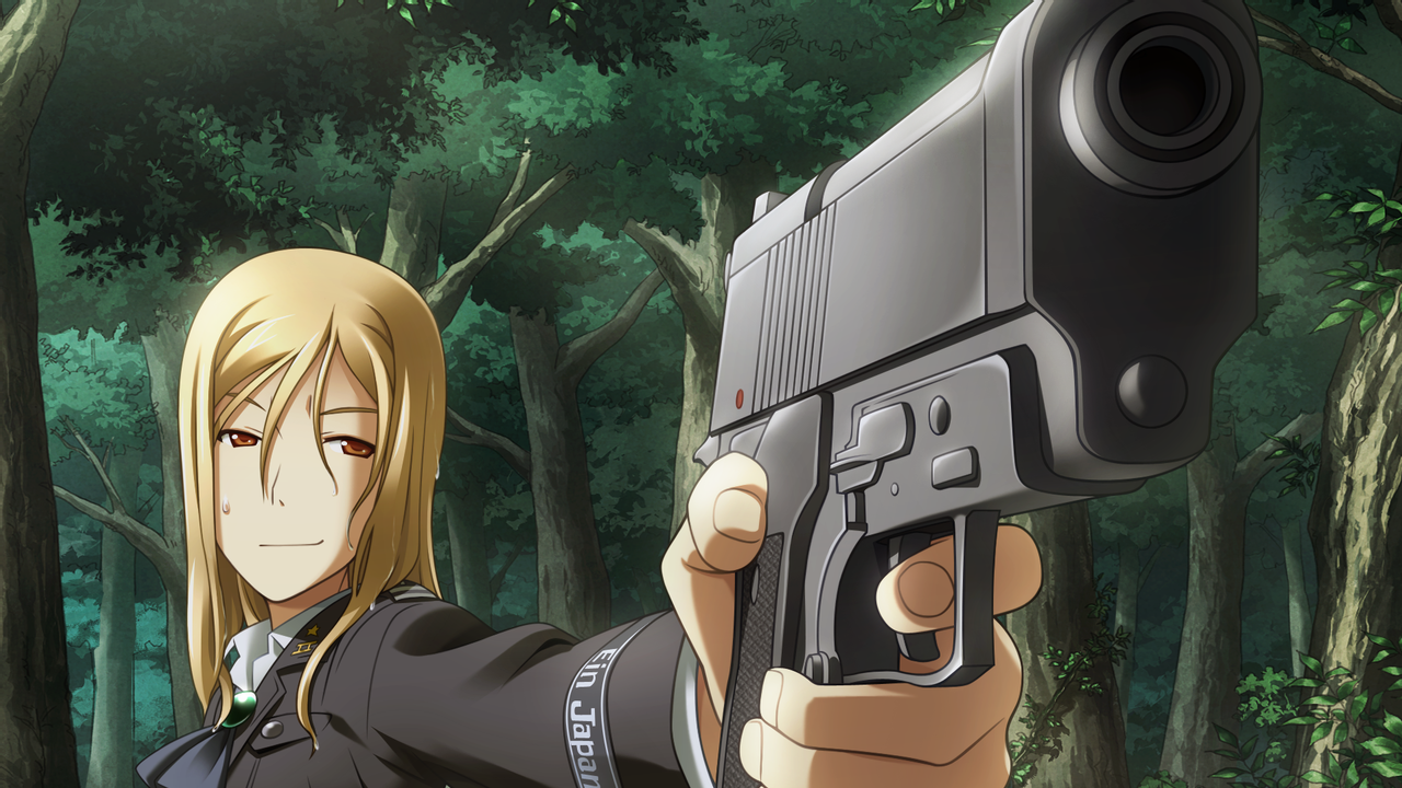 1girl artist_check beretta_92 blonde_hair brown_eyes female_focus finger_on_trigger forest game_cg gun hair_over_face handgun higurashi_no_naku_koro_ni holding holding_gun holding_weapon long_hair looking_at_viewer matsuribayashi-hen military military_uniform nature official_art outstretched_hand pistol rato smile solo spoilers sweatdrop takano_miyo tree weapon wet wet_hair