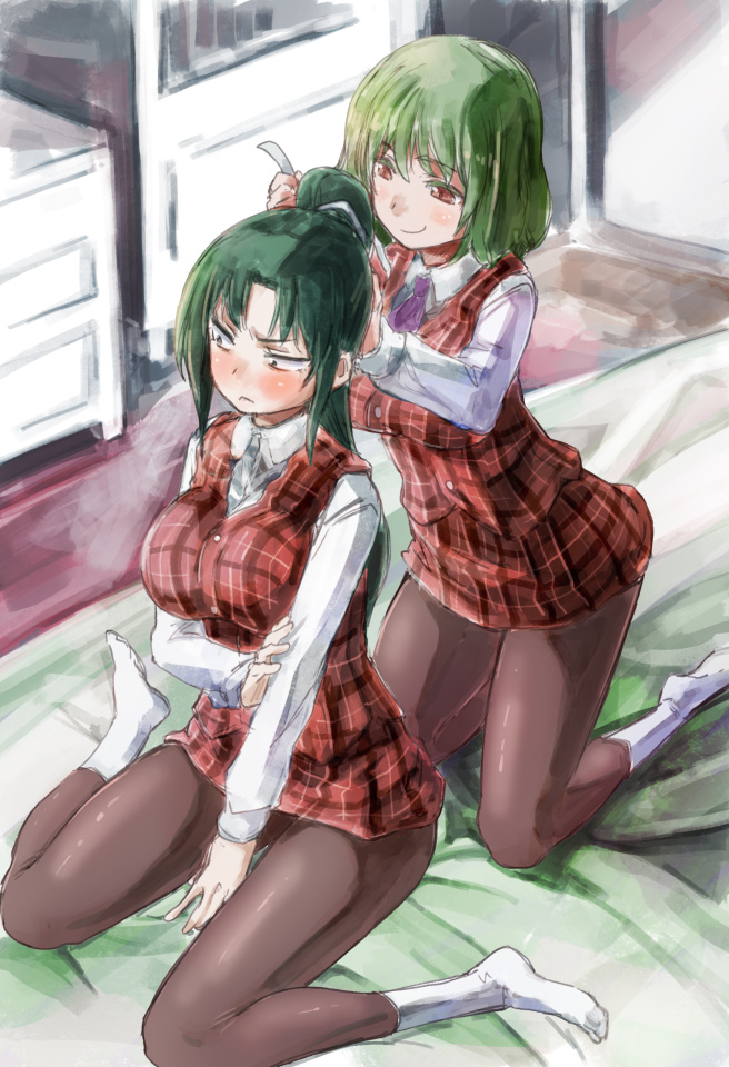 2girls adapted_costume ascot bed blouse blush bob_cut chest_of_drawers collared_shirt cosplay dress embarrassed green_hair indoors kazami_yuuka kazami_yuuka_(cosplay) long_hair mima_(touhou) miniskirt multiple_girls pantyhose parted_bangs plaid_clothes plaid_dress plaid_skirt plaid_vest ponytail purple_ascot red_eyes shirt short_hair sitting skirt smile socks thighs touhou touhou_(pc-98) v-shaped_eyebrows vest white_legwear white_shirt yohane