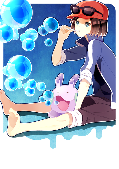 1boy barefoot black_shirt blowing_bubbles blue_jacket bubble_(pokemon) bubble_wand calem_(pokemon) commentary_request eyewear_on_headwear gen_6_pokemon goomy hat himari_g_(sr) jacket looking_ahead male_focus nintendo pokemon pokemon_(creature) pokemon_xy red_hat shirt sitting sunglasses