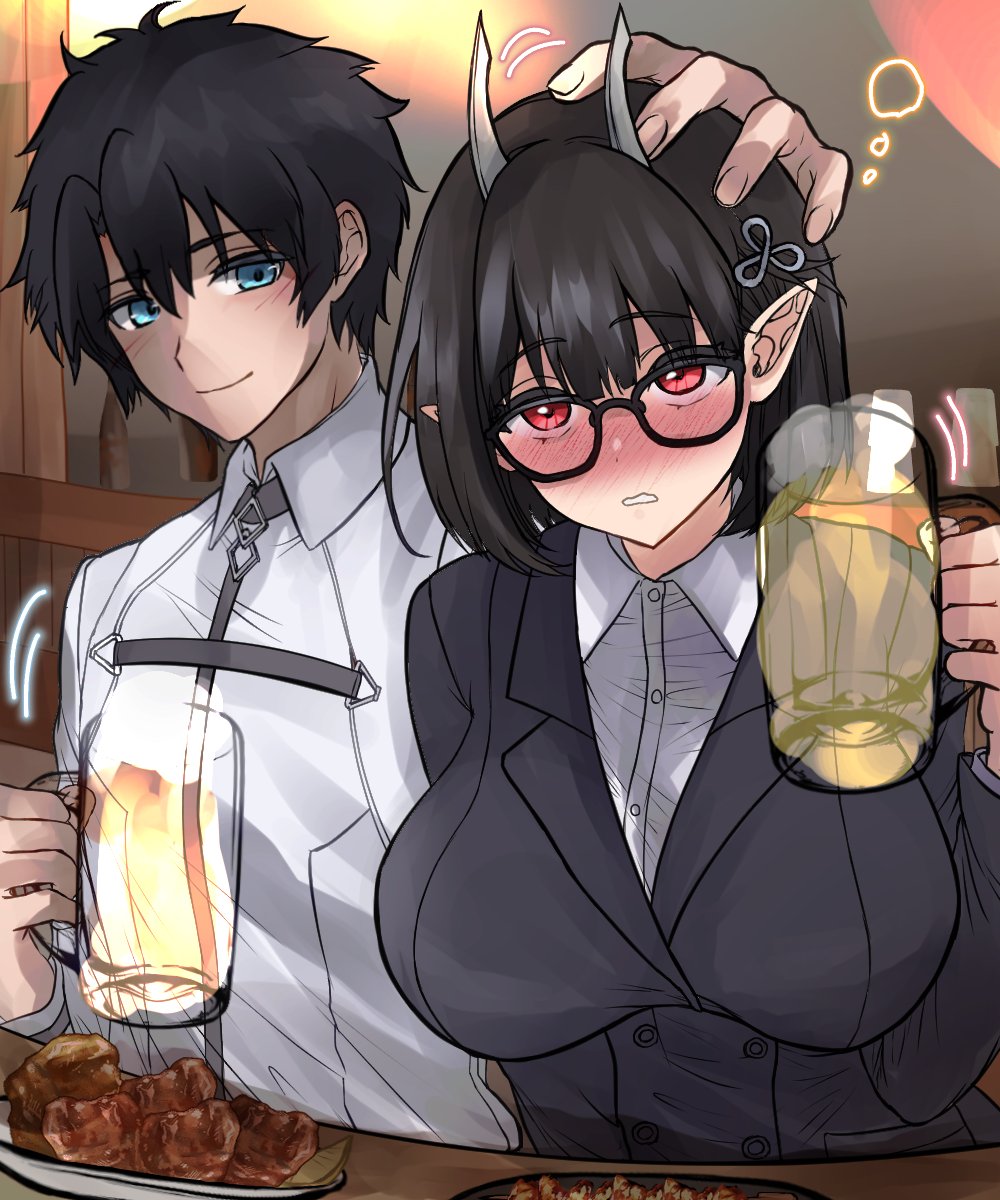 1boy 1girl biscione_(fate) biscione_(first_ascension)_(fate) black_hair black_jacket blue_eyes blush breasts chaldea_uniform collared_shirt commission cup dragon_girl fate/grand_order fate_(series) food fujimaru_ritsuka_(male) hair_ornament highres horns jacket large_breasts mug pointy_ears red_eyes satou_nui shirt short_hair skeb_commission white_shirt