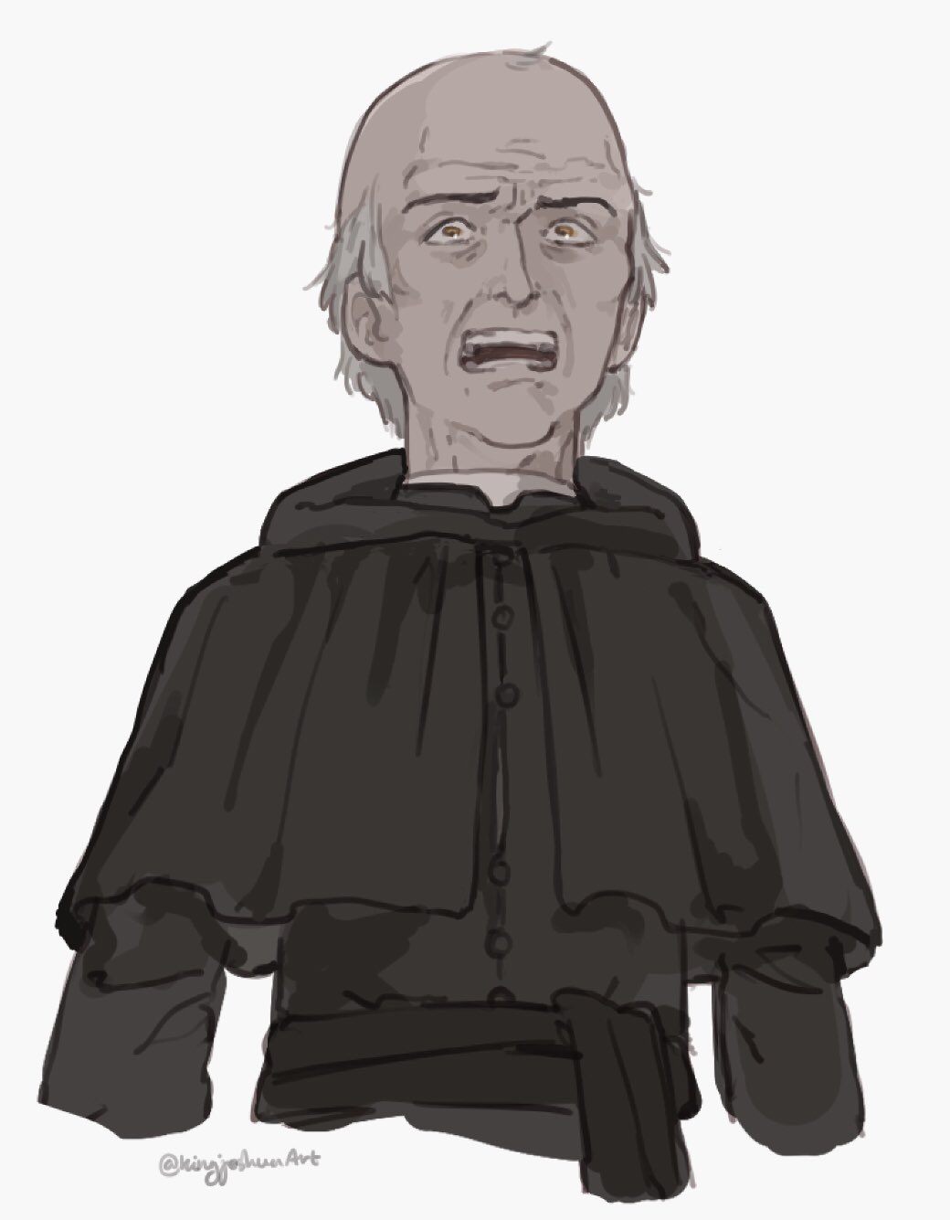 1boy artist_name balding black_robe black_sash brown_eyes claude_frollo commentary cropped_torso english_commentary grey_hair highres kingjoshua looking_ahead mature_male open_mouth priest robe sash simple_background solo teeth the_hunchback_of_notre_dame twitter_username white_background