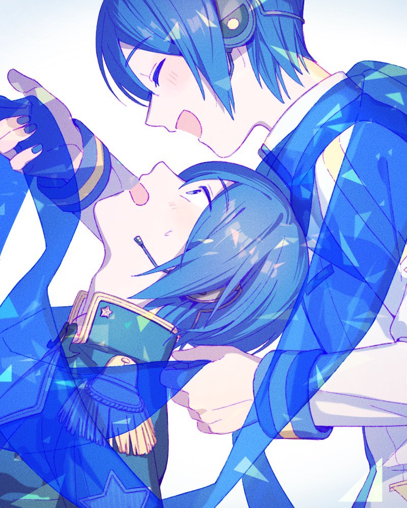 2boys arm_up black_jacket blue_hair blue_nails blue_scarf closed_eyes coat dual_persona epaulettes hair_behind_ear head_back headset holding holding_unworn_clothes holding_unworn_scarf jacket kachix2purin kaito_(vocaloid) kaito_(vocaloid3) looking_at_another male_focus multicolored_clothes multiple_boys nail_polish nervous_sweating open_mouth profile project_sekai scarf simple_background sleeve_cuffs star_(symbol) striped_sleeve_cuffs sweat sweatdrop unworn_scarf upper_body vocaloid white_background white_coat wonderlands_x_showtime_kaito yellow_trim