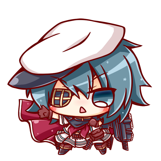 10s 1girl blush brown_gloves cape chibi eyepatch female_focus gloves green_eyes green_hair hat kantai_collection kiso_(kancolle) kiso_kai_ni_(kancolle) machinery matching_hair/eyes ritateo school_uniform serafuku short_hair simple_background solo triangle_mouth white_background