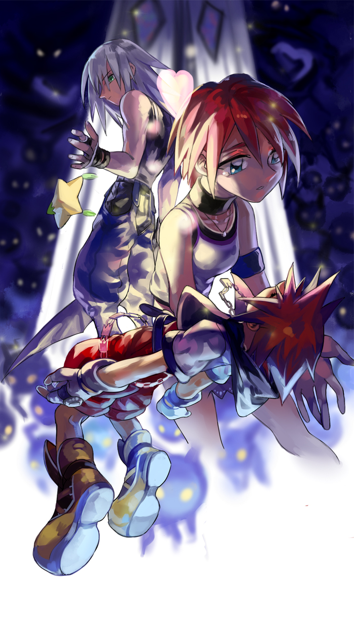 1girl 2boys blue_eyes brown_hair chain chain_necklace closed_eyes emmmerald fingerless_gloves gloves green_eyes heartless highres jewelry kairi_(kingdom_hearts) kairi_(shery_rakuura) kingdom_hearts kingdom_hearts_i long_hair multiple_boys necklace red_hair riku_(kingdom_hearts) shadow_(kingdom_hearts) short_hair silver_hair sora_(kingdom_hearts)