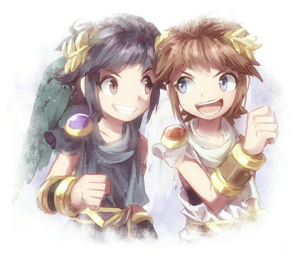 2boys :d azumi_(tks-sd) belt black_scarf blue_eyes bracer brothers brown_belt brown_eyes brown_hair dark_pit green_wings grey_scarf grin kid_icarus kid_icarus_uprising laurel_crown male_focus multiple_boys nintendo open_mouth pit_(kid_icarus) scarf siblings sidelocks smile twins v-shaped_eyebrows vignetting white_scarf wings