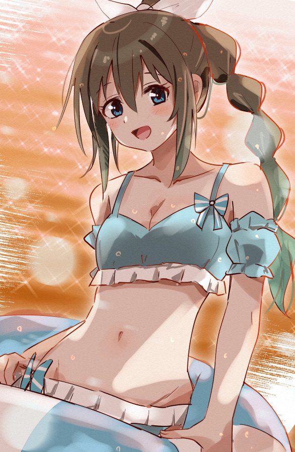 1girl bikini blue_bikini blue_eyes braid breasts love_live! love_live!_nijigasaki_high_school_idol_club love_live!_nijigasaki_high_school_idol_club_the_movie_-_finale medium_breasts osaka_shizuku skt_(ryxxxxx) smile swim_ring swimsuit