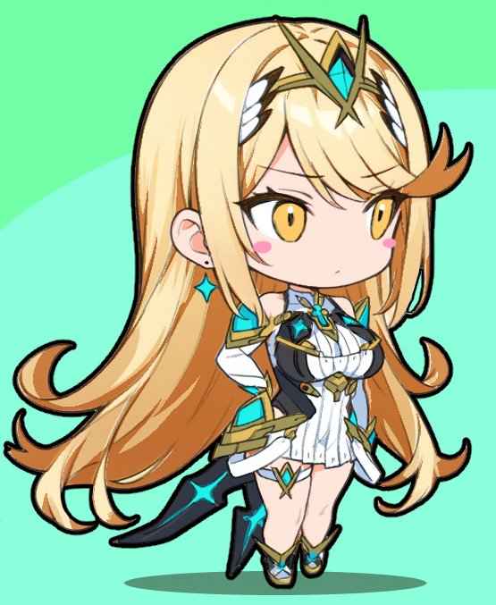 1girl blonde_hair breasts chibi chibi_only commentary_request core_crystal_(xenoblade) dress earrings full_body green_background jewelry kakk_e large_breasts long_hair mythra_(xenoblade) parted_bangs short_dress simple_background solo standing swept_bangs thigh_strap tiara white_dress xenoblade_chronicles_(series) xenoblade_chronicles_2