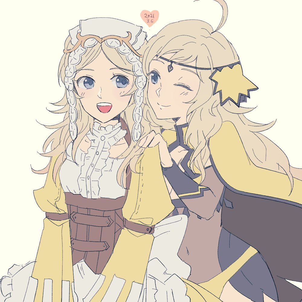 2girls alternate_hairstyle blonde_hair bodystocking circlet commentary_request covered_navel donkuma_kakusei fire_emblem fire_emblem_awakening fire_emblem_fates grandmother_and_granddaughter grey_eyes lissa_(fire_emblem) long_hair looking_at_another multiple_girls nintendo one_eye_closed open_mouth ophelia_(fire_emblem) teeth turtleneck upper_body upper_teeth_only