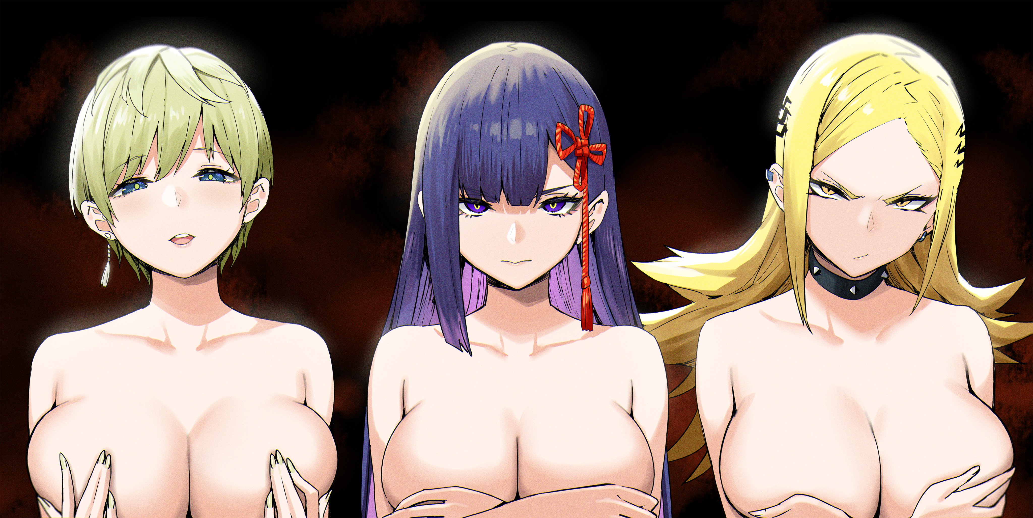 3girls :/ absurdres angry black_collar blonde_hair blue_eyes blunt_bangs breasts character_request cleavage collar collarbone commentary_request covering_privates covering_breasts covering_nipples earrings frown hair_ornament highres izumo_tenka jewelry kamiunten_mira large_breasts long_sleeves looking_at_viewer mato_seihei_no_slave multiple_girls nude parted_bangs parted_lips purple_eyes purple_hair short_hair single_earring sky-freedom smile spiked_collar spikes tassel tassel_earrings v-shaped_eyebrows yamashiro_ren yellow_eyes