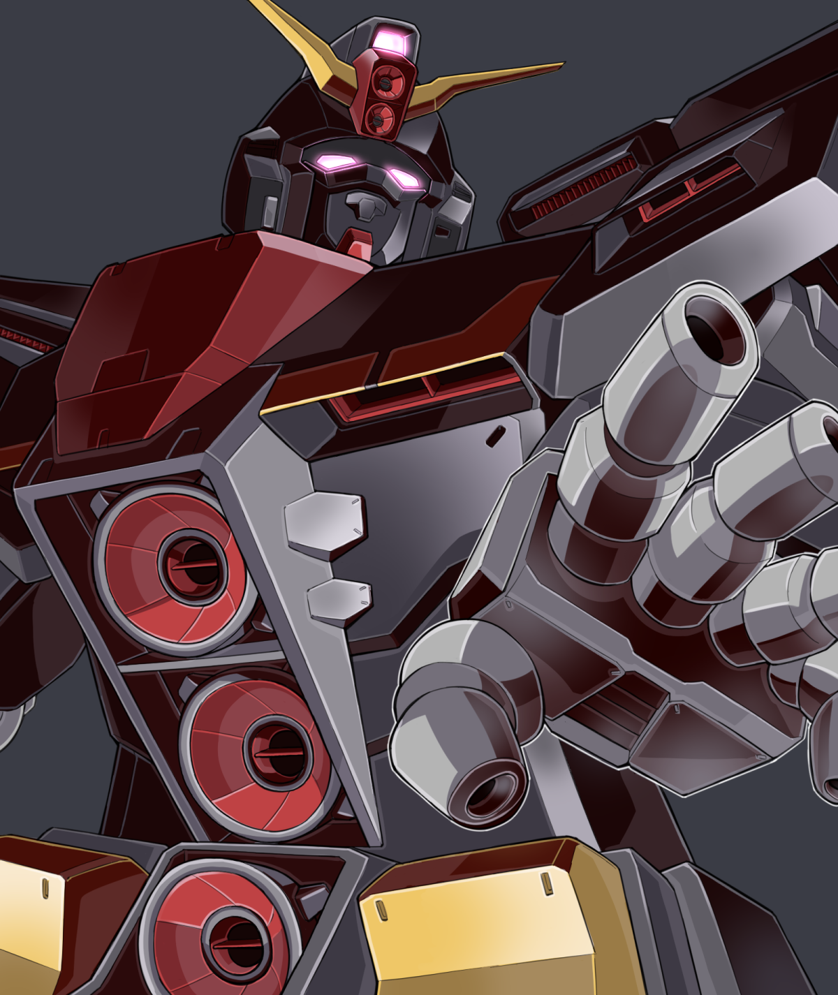 beam_cannon chest_cannon commentary_request daigosan_(k66daigensui) energy_gun finger_cannon glowing glowing_eyes grey_background gundam highres machinery mecha mecha_focus mobile_suit no_humans psycho_gundam purple_eyes robot science_fiction titans_(gundam) upper_body v-fin weapon zeta_gundam