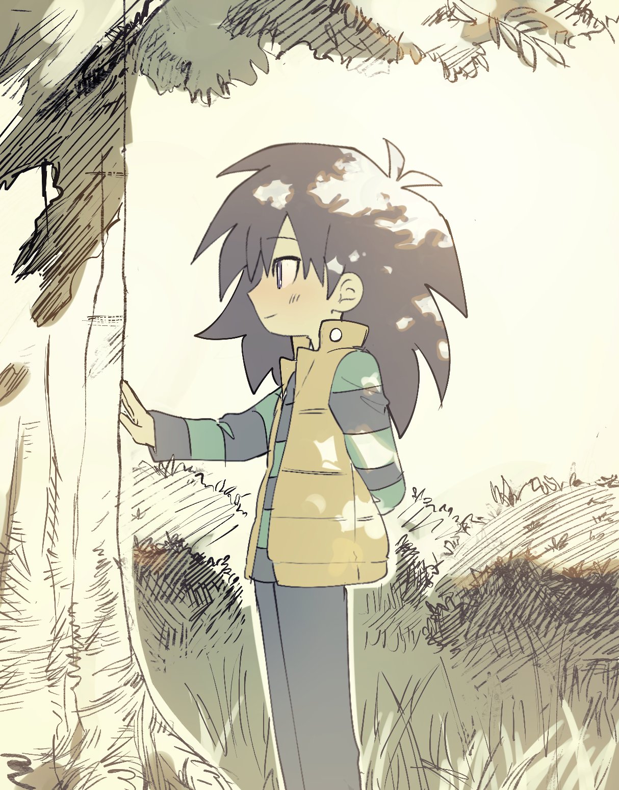 1boy black_hair blue_shirt grass highres kaiba_mokuba long_hair male_focus moemoenomori open_clothes open_vest outdoors shirt solo striped_clothes striped_shirt tree vest yellow_vest yu-gi-oh! yu-gi-oh!_duel_monsters