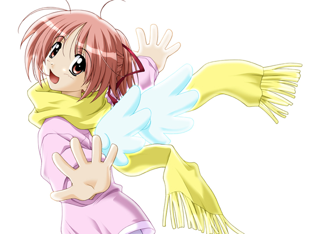 1girl 2000s_(style) abstract_background ahoge archived_source blush cowboy_shot detached_wings hair_ribbon head_tilt karin_(tentama) kindle_imagine_develop looking_at_viewer matsuo_yukihiro official_art open_hands open_mouth pink_eyes pink_hair pink_sleeve_cuffs pink_sweater ponytail red_ribbon ribbon scarf second-party_source short_hair sleeve_cuffs solo spread_legs sweater tentama tentama:_1st_sunny_side white_background white_wings wings yashiro_shizuka yellow_scarf
