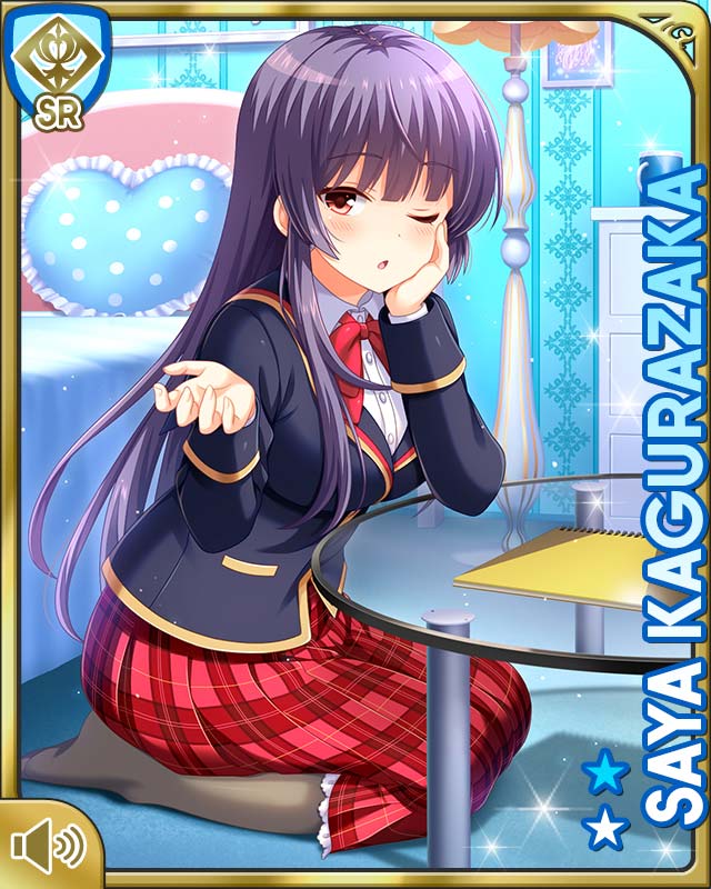 1girl ;o bed bedroom bow card character_name girlfriend_(kari) grey_leggings indoors jacket kagurazaka_saya kneeling leggings long_hair long_sleeves looking_at_viewer official_art one_eye_closed open_mouth plaid_clothes plaid_skirt pleated_skirt purple_hair qp:flapper red_bow red_eyes school_uniform skirt solo table