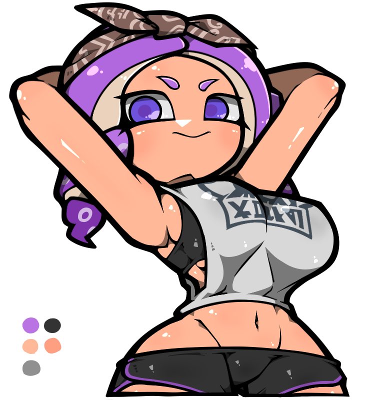 1girl arms_behind_head arms_up bandana black_shorts black_sports_bra blue_eyes breasts brown_bandana closed_mouth color_guide cowboy_shot cropped_legs dolphin_shorts groin large_breasts long_hair name_omoitukan2 navel nintendo octoling octoling_girl octoling_player_character purple_hair shiny_skin shorts simple_background smile solo splatoon_(series) sports_bra tentacle_hair thick_lineart white_background