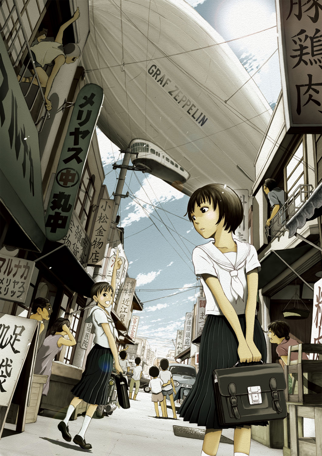 4girls 6+boys aircraft airship bag black_hair bookbag car child city cloud crowd day dirigible dutch_angle flying graf_zeppelin_(airship) highres history lens_flare motor_vehicle multiple_boys multiple_girls original pointing power_lines road scenery school_bag school_uniform serafuku shop short_hair sign skirt sky slice_of_life socks street sun takada_katsura utility_pole vanishing_point