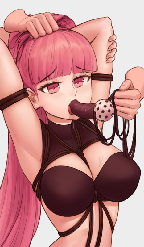 1girl arms_behind_head ball_gag bdsm bondage bound breasts dildo_gag female_focus fire_emblem fire_emblem:_three_houses gag hilda_valentine_goneril holding holding_own_hair intelligent_systems kosmos large_breasts long_hair matching_hair/eyes nintendo open_mouth pink_eyes pink_hair solo