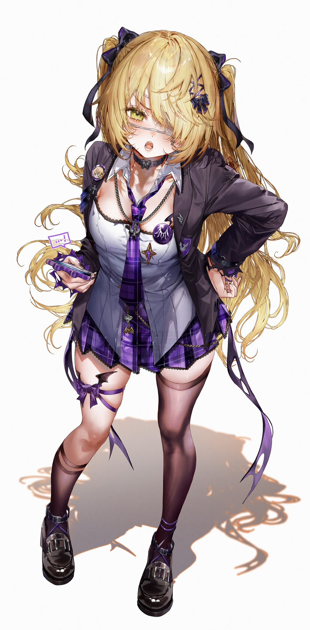 1girl asymmetrical_legwear black_jacket black_shoes black_socks black_thighhighs blonde_hair bow breasts cellphone eyepatch fischl_(genshin_cafe_in_seoul)_(genshin_impact) fischl_(genshin_impact) from_above full_body genshin_impact green_eyes hair_bow hair_over_one_eye hand_on_own_hip highres holding holding_phone jacket knee_strap kneehighs loafers long_hair long_sleeves looking_at_viewer necktie official_alternate_costume open_clothes open_jacket open_mouth phone purple_necktie school_uniform shadow shirt shoes simple_background smartphone socks standing teeth thigh_strap thighhighs two_side_up uneven_legwear utsuhostoria white_background white_shirt