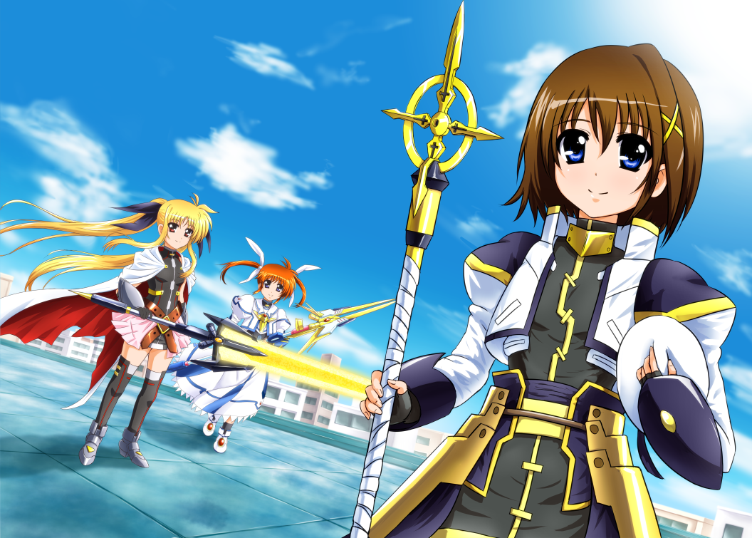 3girls arm_guards bardiche_(nanoha) bardiche_(zanber_form)_(nanoha) blonde_hair blue_eyes brown_hair commentary_request crosier diesel-turbo fate_testarossa fate_testarossa_(blaze_form) fingerless_gloves gloves hair_ornament hat jacket long_hair long_skirt long_sleeves lyrical_nanoha magazine_(weapon) magical_girl mahou_shoujo_lyrical_nanoha mahou_shoujo_lyrical_nanoha_a&#039;s mahou_shoujo_lyrical_nanoha_the_movie_2nd_a&#039;s md5_mismatch multiple_girls open_clothes open_jacket puffy_sleeves raising_heart raising_heart_(exelion_mode)_(2nd) red_eyes schwertkreuz shoes short_twintails skirt smile takamachi_nanoha takamachi_nanoha_(exelion_mode) thighhighs twintails waist_cape x_hair_ornament yagami_hayate