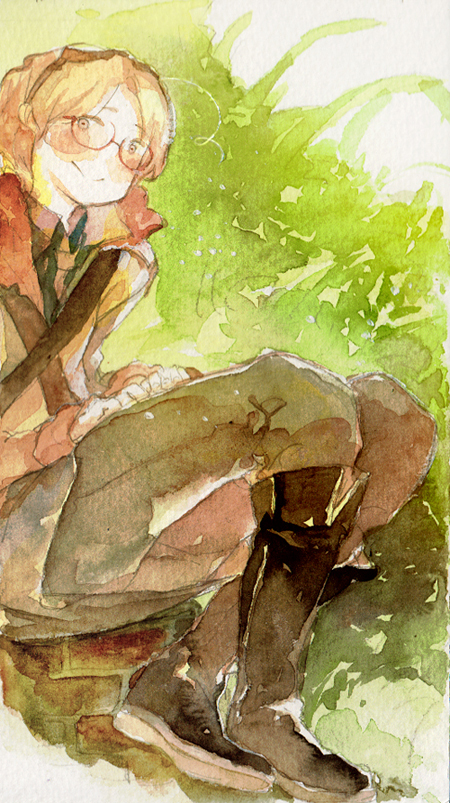 1boy :&gt; axis_powers_hetalia belt black_belt black_boots black_shirt blonde_hair blush boots brown-framed_eyewear character_request chest_belt closed_mouth collared_shirt commentary_request crossed_ankles crossed_belts full_body glasses goggles goggles_on_head grass grey_pants hands_on_lap hood hood_down hooded_jacket jacket knee_boots long_sleeves looking_at_viewer male_focus nineo painting_(medium) pants red-framed_eyewear red_jacket red_sleeves shirt short_hair sitting smile solo traditional_media watercolor_(medium)