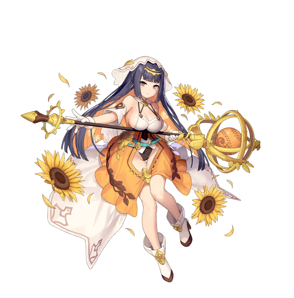 1girl breasts flower girls_creation gogh_(girls_creation) hair_ornament holding holding_weapon kinjo_kuromomo large_breasts official_art purple_eyes purple_hair sideboob sunflower weapon white_footwear