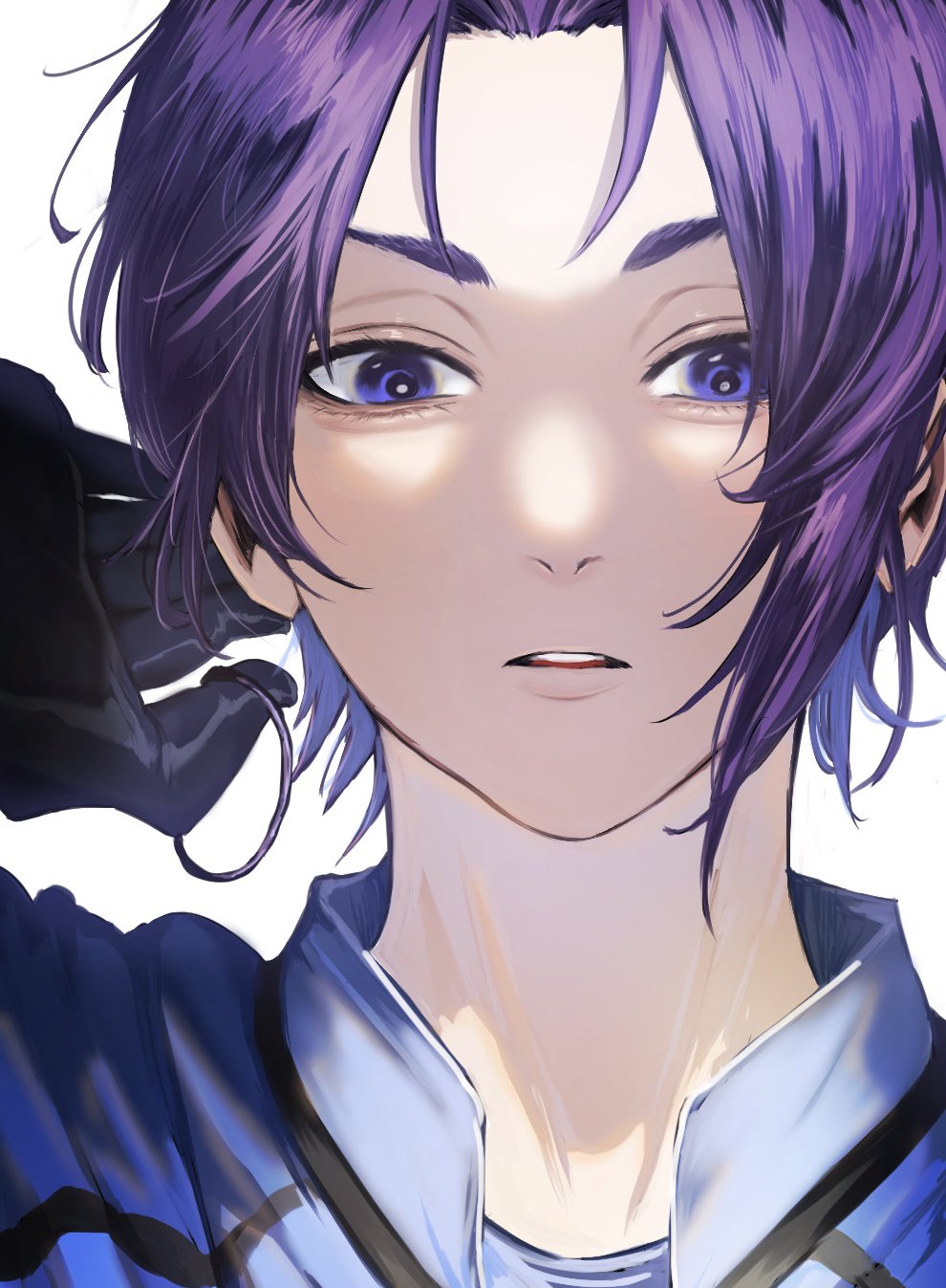1boy black_gloves blue_lock blue_shirt collared_shirt gloves hair_tie hand_up highres looking_at_viewer male_focus mikage_reo naka_(58hrprtr) parted_lips portrait purple_eyes purple_hair shirt short_hair simple_background solo white_background