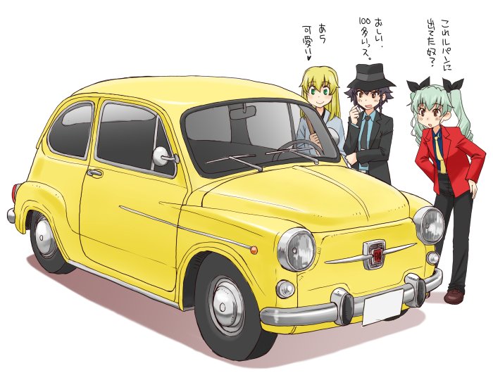 3girls anchovy_(girls_und_panzer) arm_grab arsene_lupin_iii arsene_lupin_iii_(cosplay) black_hair black_hat black_jacket black_neckwear black_panties black_ribbon black_shirt blazer blonde_hair blue_shirt braid brown_eyes brown_footwear car carpaccio_(girls_und_panzer) closed_mouth commentary_request cosplay dress_shirt drill_hair fedora fiat fiat_nuova_500 girls_und_panzer green_eyes green_hair hair_ribbon hands_on_own_hips hat ishikawa_goemon_xiii ishikawa_goemon_xiii_(cosplay) jacket jigen_daisuke jigen_daisuke_(cosplay) logo long_hair lupin_iii motor_vehicle multiple_girls necktie open_clothes open_jacket open_mouth panties pepperoni_(girls_und_panzer) red_eyes red_jacket ribbon shadow shirt shoes short_hair side_braid smile standing translated twin_drills twintails underwear uona_telepin vehicle_focus yellow_neckwear