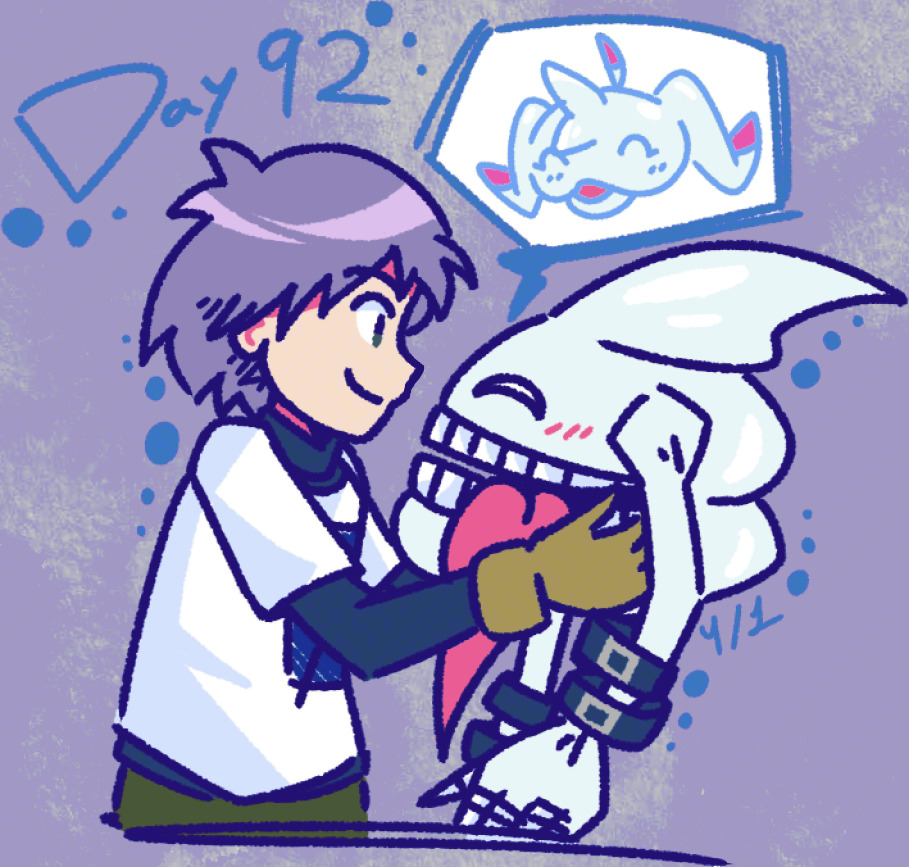 belt digimon digimon_(creature) happy looking_at_another owada_rui platinumscumon smile tongue tongue_out ukkomon
