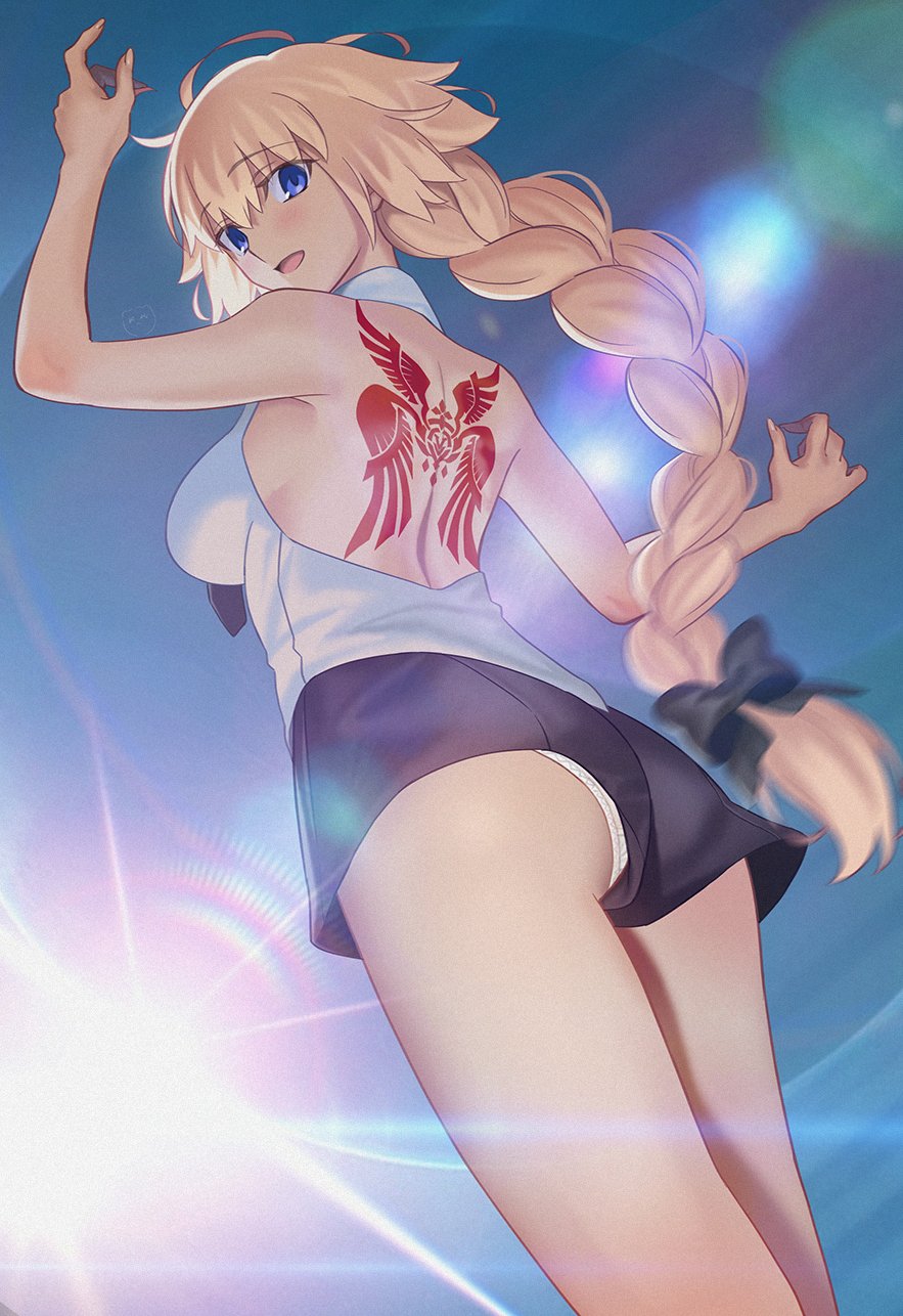 1girl aora ass back back_tattoo backless_shirt black_shorts blonde_hair blue_eyes blush braid braided_ponytail breasts command_spell fate/apocrypha fate_(series) highres jeanne_d&#039;arc_(fate) jeanne_d&#039;arc_(girl_from_orleans)_(fate) large_breasts long_hair looking_at_viewer looking_back necktie open_mouth shirt short_shorts shorts sleeveless sleeveless_shirt smile solo tattoo thighs very_long_hair white_shirt