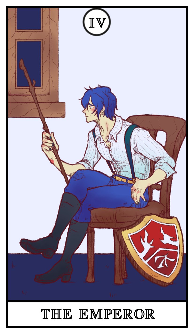 1boy adam_moonlit black_boots blue_eyes blue_hair blue_pants boots card_(medium) chair coat_of_arms collarbone crossed_legs evillious_nendaiki from_side full_body highres holding holding_staff holding_stick kaito_(vocaloid) knee_boots looking_to_the_side lorehappy male_focus moonlit_bear_(vocaloid) open_clothes open_collar open_shirt pants profile shield shirt short_hair sitting smile solo staff stick striped_clothes striped_shirt suspenders tarot tarot_(medium) the_emperor_(tarot) unbuttoned unbuttoned_shirt vocaloid window
