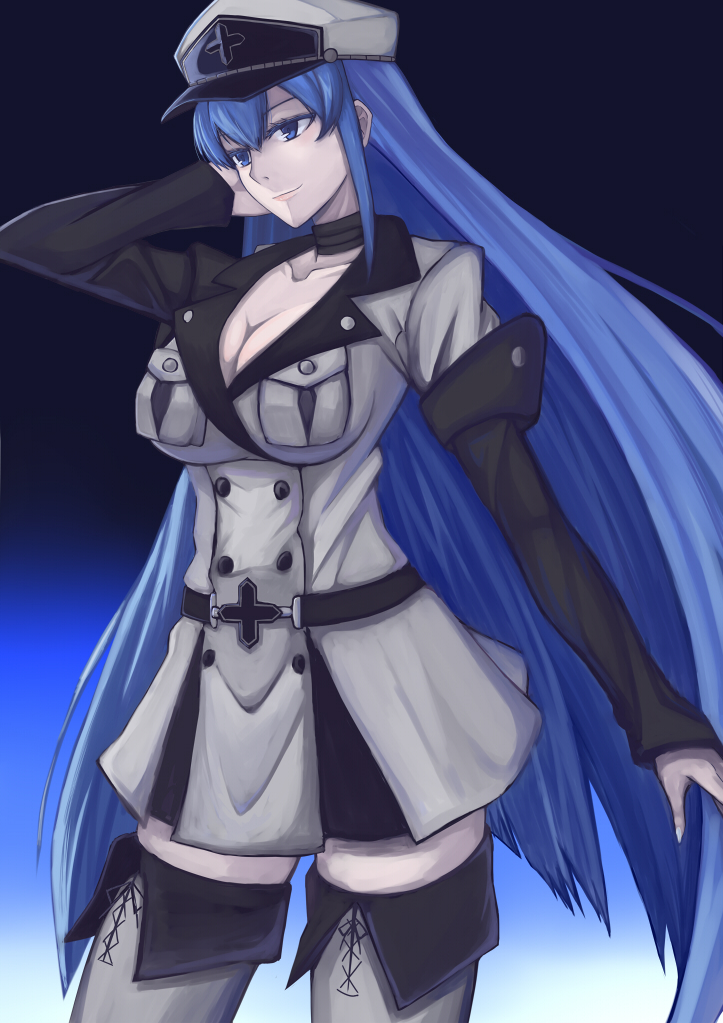 10s 1girl akame_ga_kill! blue_eyes blue_hair boots breasts choker cleavage collarbone esdeath female_focus gradient_background hat heikichi large_breasts long_hair matching_hair/eyes military military_uniform peaked_cap smile solo thigh_boots thighhighs very_long_hair white_boots white_thighhighs zettai_ryouiki