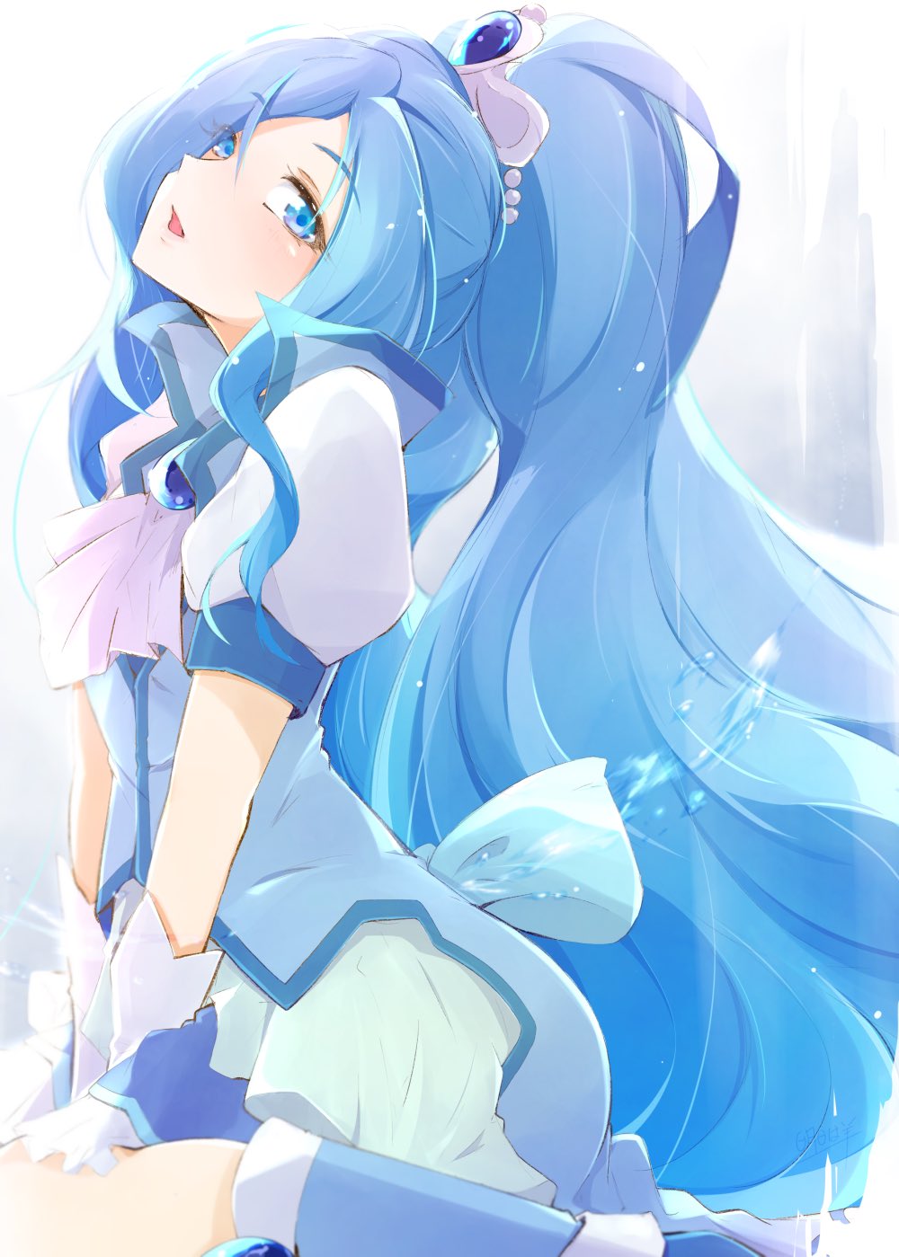 1girl ashita_wa_hitsuji blue_eyes blue_hair blue_jacket blue_legwear blue_skirt commentary_request cure_fontaine eyelashes eyes_visible_through_hair hair_ornament healin&#039;_good_precure highres jacket long_hair looking_at_viewer magical_girl miniskirt multicolored_skirt parted_bangs ponytail precure puffy_short_sleeves puffy_sleeves sawaizumi_chiyu short_sleeves skirt solo very_long_hair wrist_cuffs