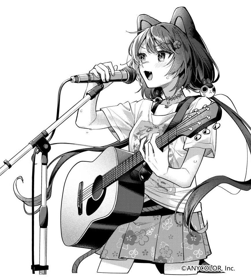 1girl animal_ears animal_hair_ornament blush breasts choker collarbone commentary_request copyright_notice cropped_legs dog_ears fang floral_print floral_print_skirt flower greyscale guitar guitar_strap hair_flower hair_ornament hand_up holding holding_guitar holding_instrument holding_microphone instrument inui_toko lace lace_choker long_hair looking_ahead low_twintails matsugi_zuntaro microphone microphone_stand monochrome music nijisanji official_art open_mouth pendant_choker pleated_skirt print_shirt rope_belt shirt short_sleeves simple_background singing skirt small_breasts solo sweat t-shirt three_quarter_view twintails very_long_hair virtual_youtuber white_background