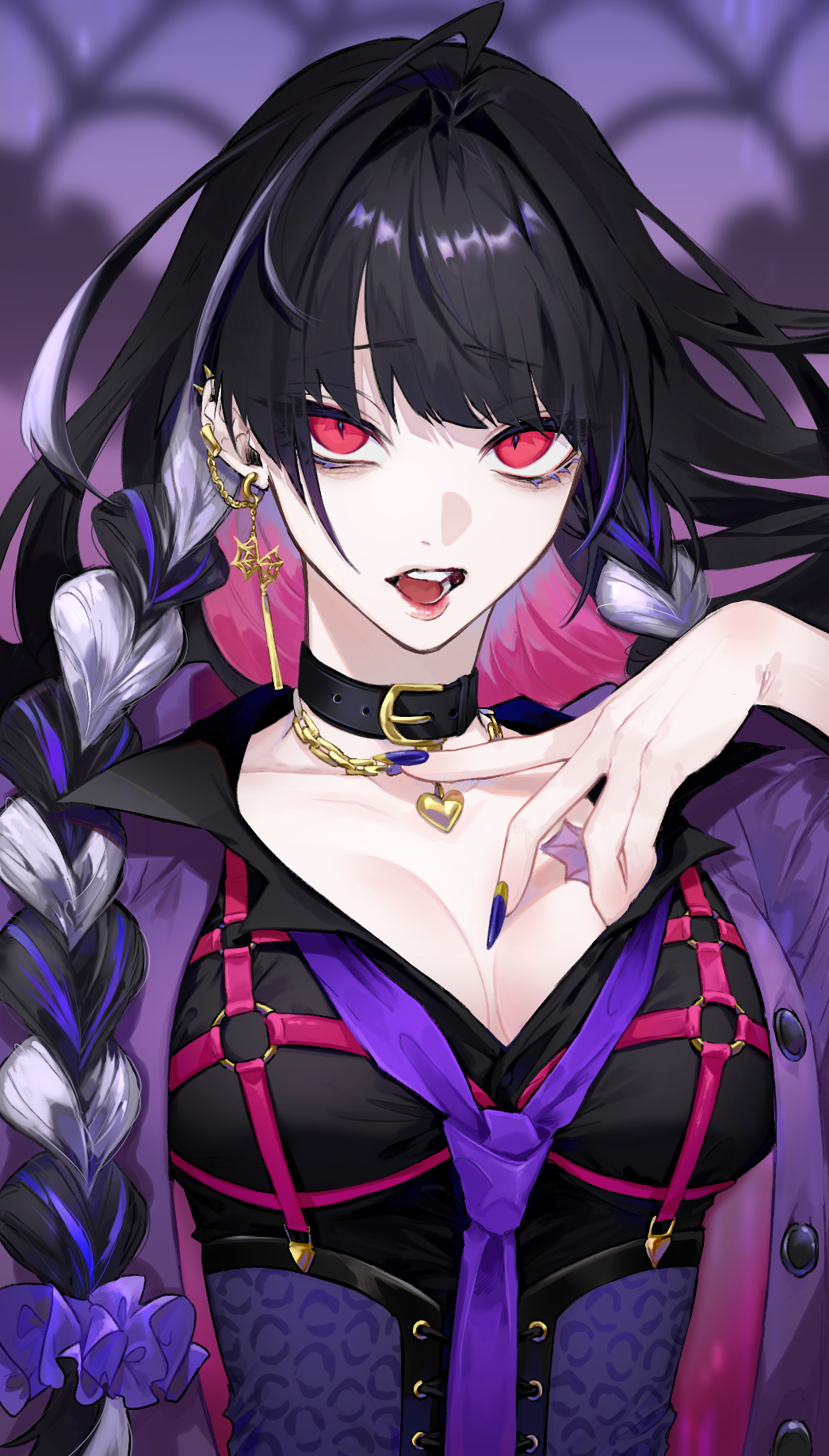 1girl ahoge alase_00 belt_collar black_collar black_hair braid breasts chest_harness collar corset earrings fingernails hand_on_own_chest harness highres jewelry long_hair looking_at_viewer meloco_kyoran multicolored_hair nail_polish necktie nijisanji nijisanji_en open_mouth purple_corset purple_necktie red_eyes sharp_fingernails solo twin_braids upper_body virtual_youtuber