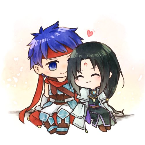 2boys androgynous armor blue_eyes blue_hair brooch brown_footwear cape chibi closed_eyes couple facial_mark fire_emblem fire_emblem:_radiant_dawn forehead_mark green_hair headband heart ike_(fire_emblem) ike_(vanguard_legend)_(fire_emblem) jewelry long_hair lowres male_focus multiple_boys nintendo pauldrons red_cape red_headband short_hair shoulder_armor single_pauldron sitting smile soren_(fire_emblem) soren_(radiant_confidant)_(fire_emblem) white_background yaoi yuno_(isn_iisynitkr)