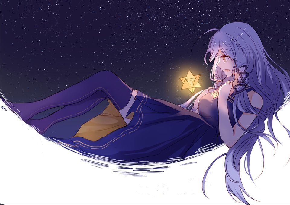 1girl :d ahoge artist_name bare_arms breasts dress from_side glowing hair_ribbon hand_on_own_chest large_breasts long_hair lying medium5 medium_dress neko_tls night night_sky on_back open_mouth profile purple_dress purple_hair purple_thighhighs ribbon sky smile solo star_(sky) starry_sky stellated_octahedron thighhighs tress_ribbon two-sided_dress two-sided_fabric vocaloid xingchen yellow_eyes zettai_ryouiki