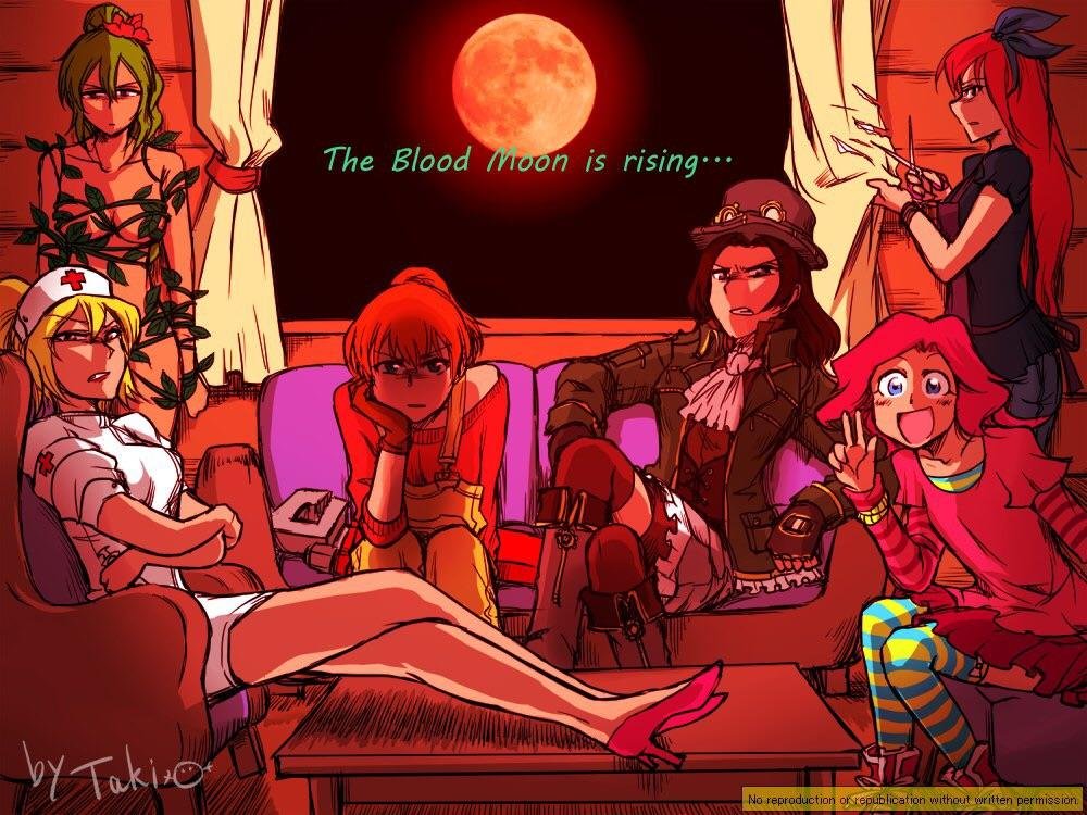 6+girls cutting dryad_(terraria) english_text frown mechanic_(terraria) moon multiple_girls nurse_(terraria) overalls party_girl_(terraria) red_moon scowl sitting steampunker_(terraria) striped_clothes striped_thighhighs stylist_(terraria) tagme taki terraria thighhighs v