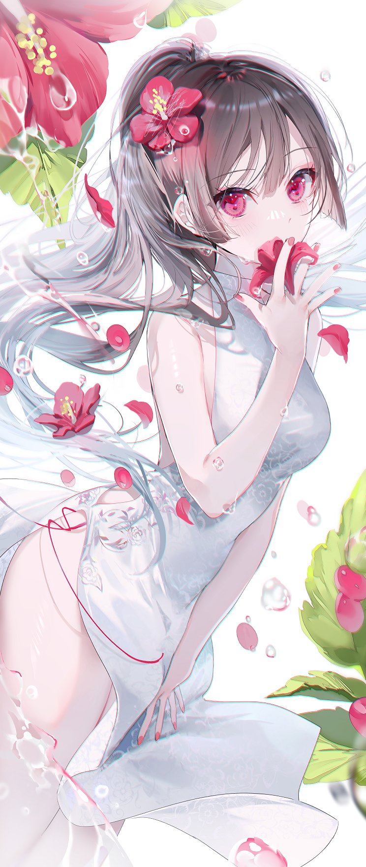 1girl bare_legs brown_hair china_dress chinese_clothes cowboy_shot dress dress_tug falling_petals flower flower_over_mouth grey_background hair_flower hair_ornament highres holding holding_flower leaf long_hair miwano_rag original petals red_eyes red_nails side_slit sleeveless sleeveless_dress solo standing