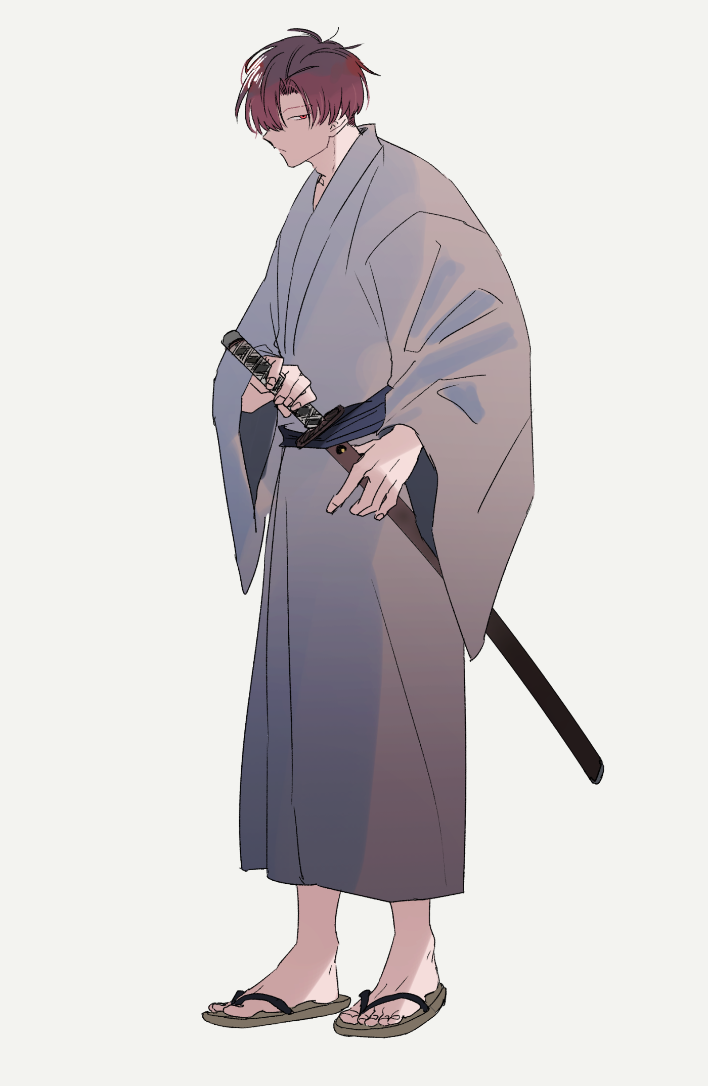 1boy blue_sash brown_sandals closed_mouth commentary_request fate/grand_order fate_(series) frown full_body grey_kimono hair_over_one_eye highres holding holding_sword holding_weapon japanese_clothes katana kimono long_sleeves looking_at_viewer male_focus obi one_eye_covered parted_bangs red_eyes red_hair sandals sash sheath short_hair simple_background solo standing sword takasugi_shinsaku_(fate) takasugi_shinsaku_(first_ascension)_(fate) toes unsheathing weapon white_background wide_sleeves yuu_(areruya) zouri