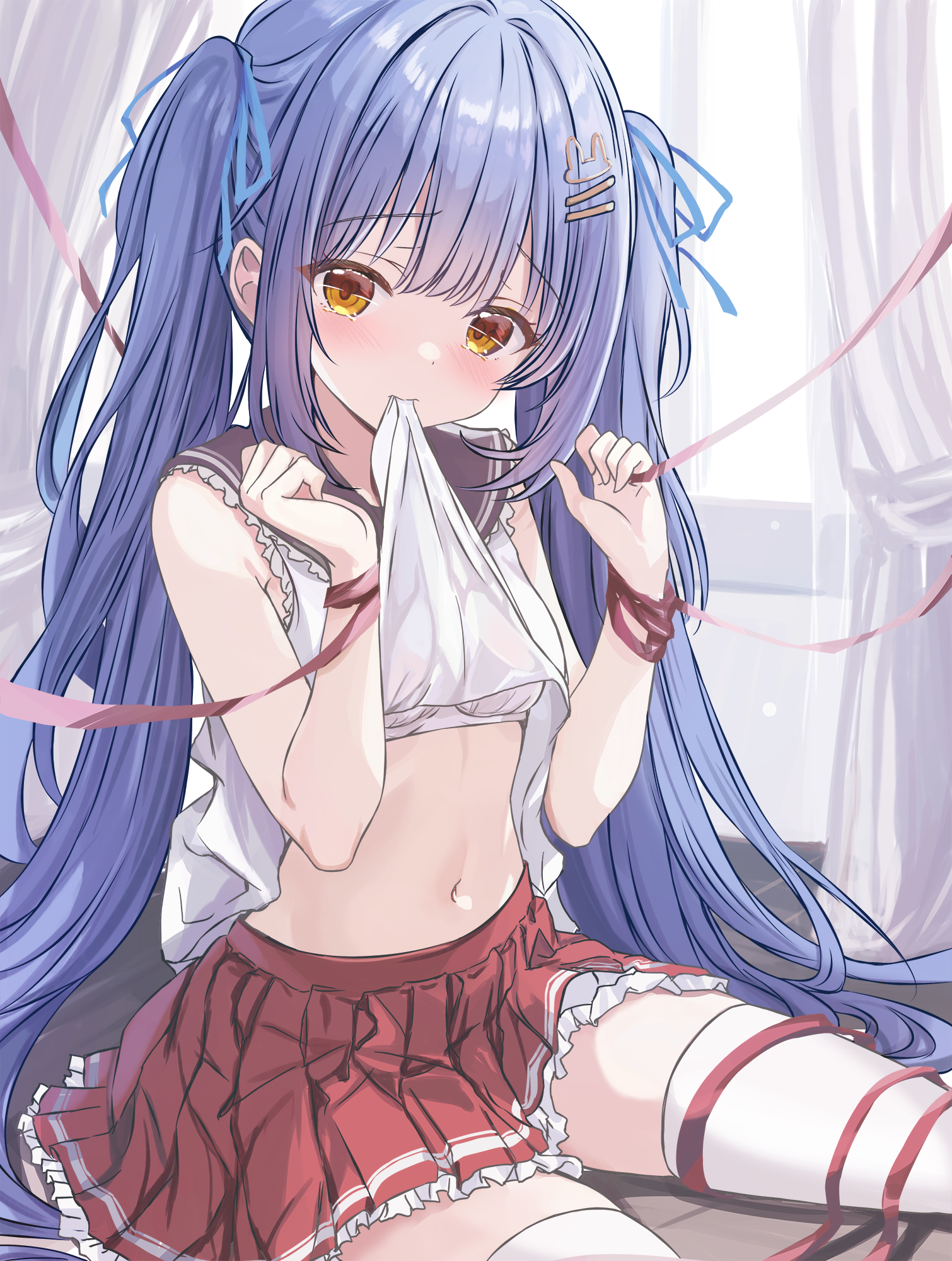 1girl blue_hair blue_ribbon bra bra_peek breasts clothes_in_mouth cutlass_(classic_chocolate) hair_ornament hair_ribbon hairclip highres lifting_own_clothes long_hair looking_at_viewer miniskirt mouth_hold navel original pleated_skirt red_ribbon red_skirt ribbon shirt sitting skirt sleeveless sleeveless_shirt small_breasts solo thighhighs twintails underwear very_long_hair white_bra white_shirt white_thighhighs yellow_eyes